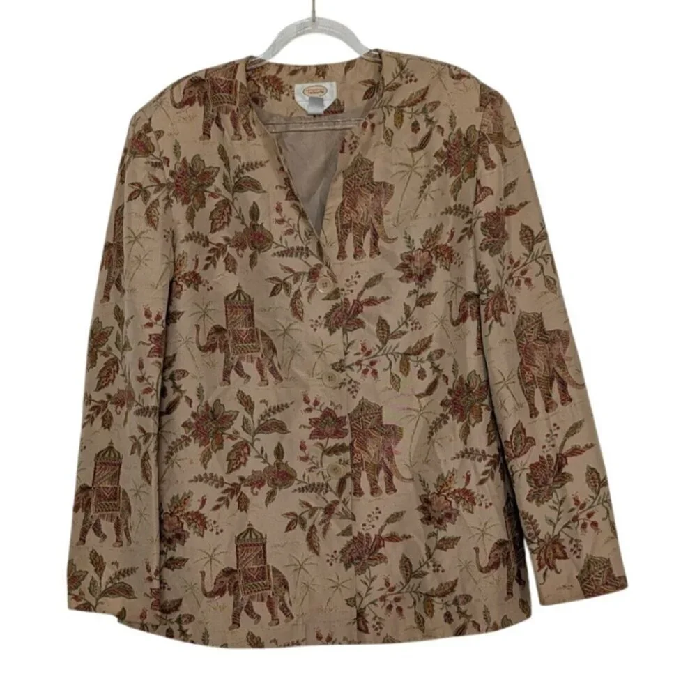 Talbots 100% Silk Elephant Floral Blazer Womens Size 10 Beige Lightweight Jacket